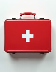 Obraz premium Red first aid kit with prominent white cross symbol for quick identification. Essential medical supplies for emergencies at home, outdoors, travel. Crucial for preparedness, injury treatment, safety.