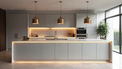 Minimalist kitchen featuring light grey cabinets, large island with quartz countertops. Illuminated by glowing LED strip lighting, accented with brass hardware. Integrated appliances blend seamlessly