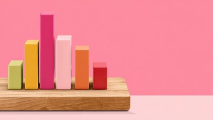 Colorful bar graph on a wooden platform against a pink background