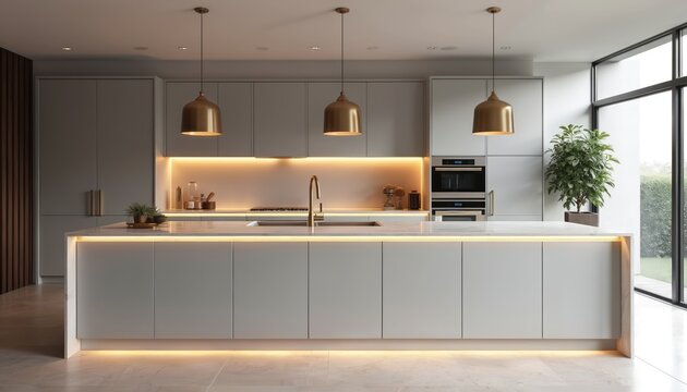 Minimalist kitchen featuring light grey cabinets, large island with quartz countertops. Illuminated by glowing LED strip lighting, accented with brass hardware. Integrated appliances blend seamlessly