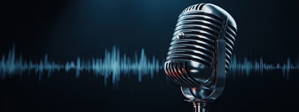 Vintage microphone with audio waves