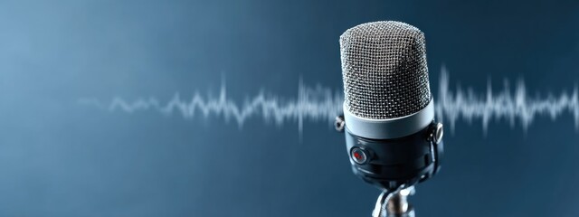 Microphone against a blue background with sound waves