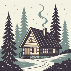Naklejka premium Illustration of a cozy cabin nestled among pine trees with smoke rising from the chimney on a winter night