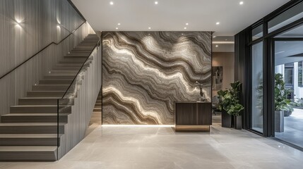 Residence space design grey stone panel staircase interior fixture decor idea elegance style lighting effect background artistry statement sculpture form craft art inspiration glow ambiance