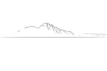 A simple line drawing showcasing a mountain range on the horizon against a white background landscape