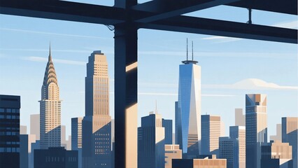 Naklejka premium A view of a modern city skyline seen through a structural metal framework, featuring iconic skyscrapers and tall towers.