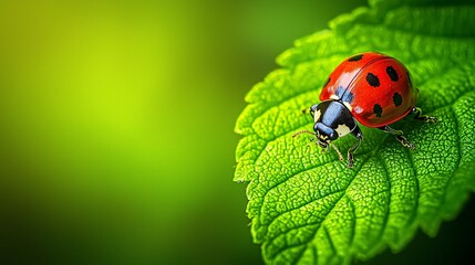Close-Up View of Ladybug on Green Leaf with Natural Background