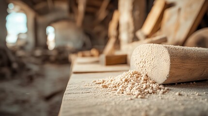 A close-up image of a wooden log and fine wood shavings on a workbench in a workshop, ideal for illustrating woodworking, crafting, or DIY projects