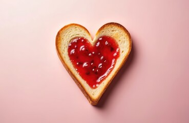 Heart-shaped toast topped with vibrant red jam or jelly. Slice of white bread toasted golden brown. Perfect for breakfast, snack, or a sweet treat. Simple, delicious, homemade food.