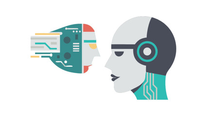 Illustration of two stylized robot heads facing each other on a white background view from the side