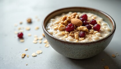 Delicious bowl of warm oatmeal topped with crunchy walnuts, tart cranberries. Healthy breakfast cereal features oats, nuts, berries, perfect for nutritious morning meal. Enjoy sweet, creamy porridge