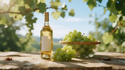 Obraz premium Bottle of white wine and fresh green grapes placed on a wooden table in an outdoor setting with natural light.