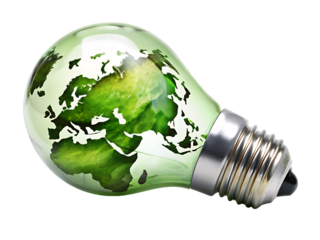 lightbulb with green world map symbolizing eco friendly isolated on white background, png, ai generated.
