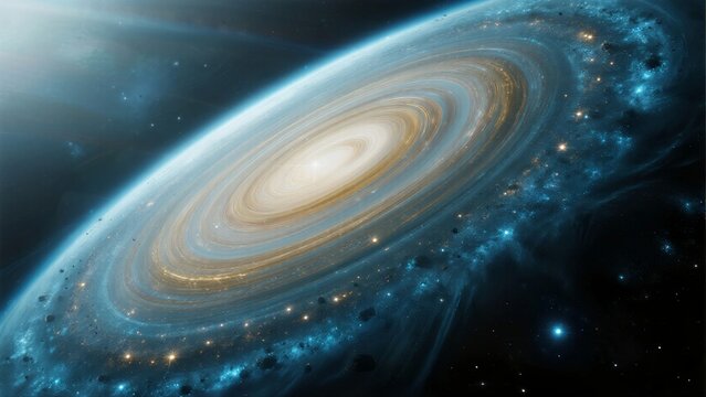 A detailed view of a spiral galaxy with bright stars and cosmic clouds, showcasing the vastness of deep space and cosmic phenomena.
