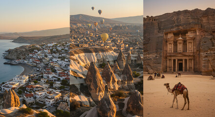 Travel Destinations Greece, Cappadocia, and Petra stock image