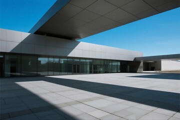 Obraz premium A modern architectural building features a large glass facade, clean lines, and minimalist design, creating an open and spacious exterior space.