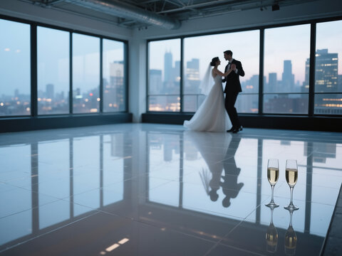 Bride and groom dancing together in elegant wedding venue at dusk  