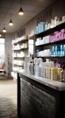 Fototapeta premium Phar y counter with shelves of medical supplies and clean store lighting
