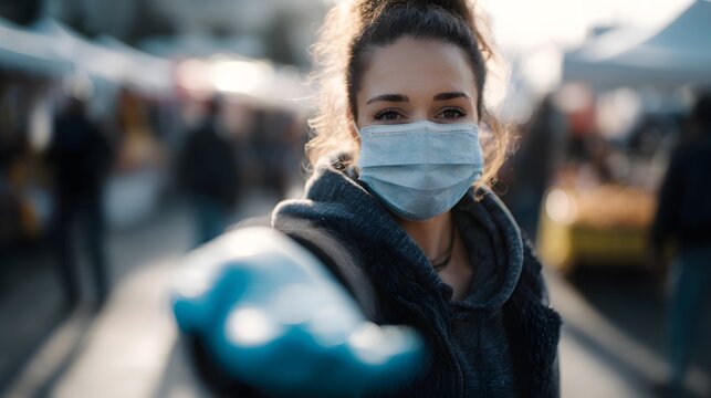 Comm volunteer distributing face masks at a local market