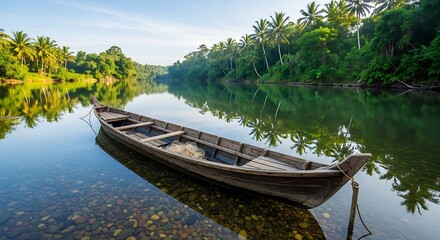 Obraz premium Wooden Boat on Calm River with Palm Trees, Reflection, and Clear Water, Tranquil Nature Scene.