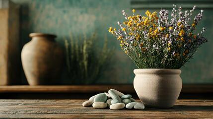 Herbal Remedies Displayed on Wooden Table with Decorative Elements