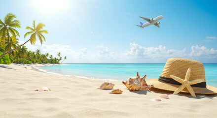 Tropical Beach Getaway with Airplane, Hat, and Seashells stock image