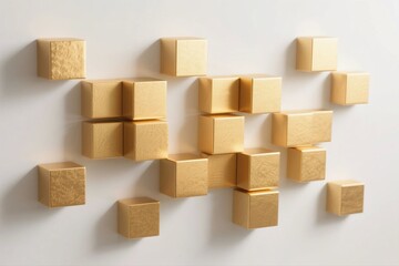Obraz premium A modern abstract wall installation featuring golden geometric cubes arranged in a minimalist, symmetrical pattern, enhancing interior spaces with contemporary art.