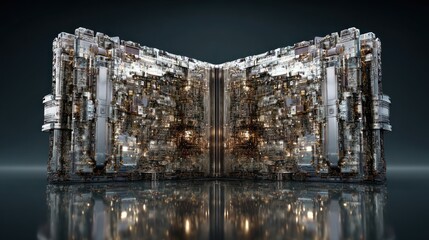 A mirrored, intricately detailed, metallic, book-like structure unfolds, revealing a complex, internal cityscape of gears, lights, and metallic components against a dark background