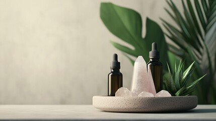 Aromatherapy Setup with Essential Oils and Healing Crystals Display
