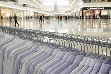 Fototapeta premium Shirts displayed for sale in a modern shopping mall during a clearance event with shoppers browsing in the background