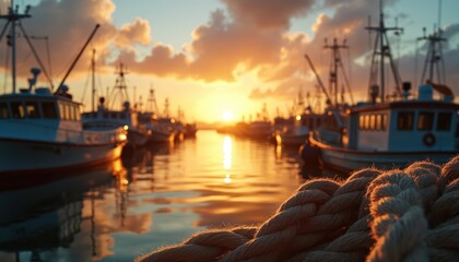 Fototapeta premium Fishing boats rest in harbor during golden hour sunset. Warm sunlight reflects on calm water illuminating vessels, mooring ropes. Peaceful waterfront scene evokes maritime tranquility, coastal