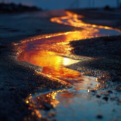 Golden, flowing puddle at twilight