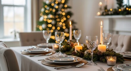 Golden Bokeh and Candlelight Illuminate an Elegant Holiday Dining Table