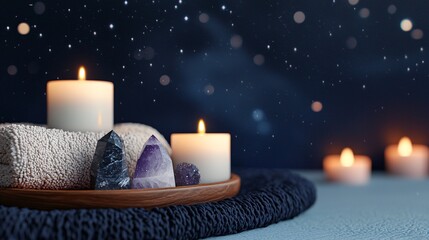 Serene Meditation Space with Candles and Crystals Under Stars