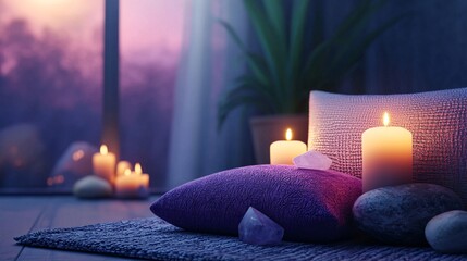Tranquil Meditation Space with Candles and Crystals at Dusk