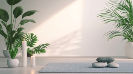 Serene Yoga Space with Plants and Candles for Mindfulness Practice
