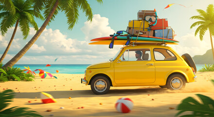 Yellow car loaded with luggage and surfboards driving on a beach towards the ocean.