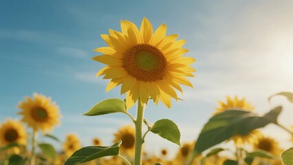 Obraz premium A vibrant sunflower field under a clear blue sky with bright sunlight, showcasing nature's beauty and growth.