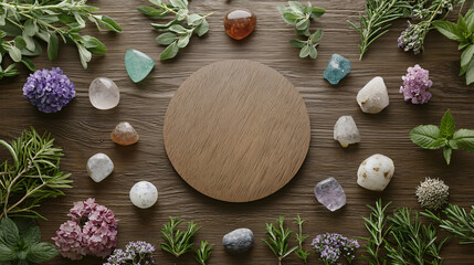 Crystal Healing Grid Arrangement on Wooden Surface with Herbs