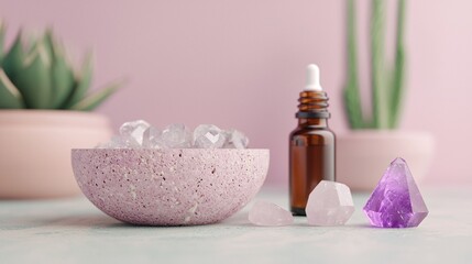 Natural Healing Setup with Essential Oils and Crystals on Table