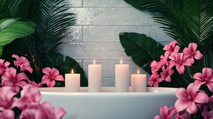 Tranquil Herbal Bath Setup with Candles and Floral Accents