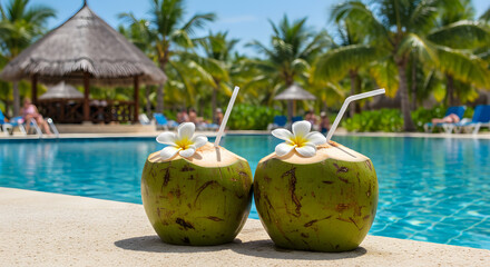 Coconut Drinks by the Poolside Tropical Vacation Bliss stock image