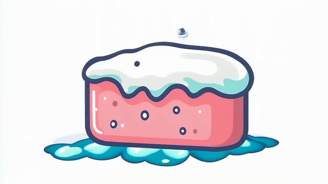 Dynamic animation of a pink sponge with soap bubbles for cleaning illustration