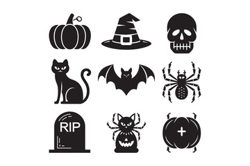 Obraz premium Set of black Halloween silhouette icons. Vector graphic collection of spooky symbols like pumpkin, witch hat, skull, and bat for design.