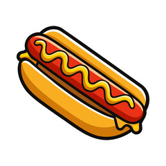 Delicious hot dog with mustard drizzle in clean flat vector style, perfect for food illustrations, restaurant menus, and fast food branding