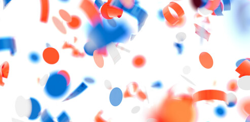 Vibrant red, blue, and white shapes falling on white background. Perfect for celebration, party, or joyful themes.
