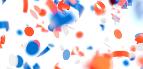 Vibrant red, blue, and white shapes falling on white background. Perfect for celebration, party, or joyful themes.