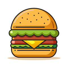 Minimalist vector illustration of delicious burger with fresh lettuce, melted cheese, sesame seed bun, perfect for modern food art lovers