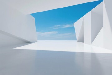 Fototapeta premium A modern geometric architecture space with an open sky view, featuring white surfaces and clean lines, showcasing abstract structural design.