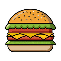 Minimalist vector illustration of delicious burger with fresh lettuce, melted cheese, sesame seed bun, perfect for modern food art lovers